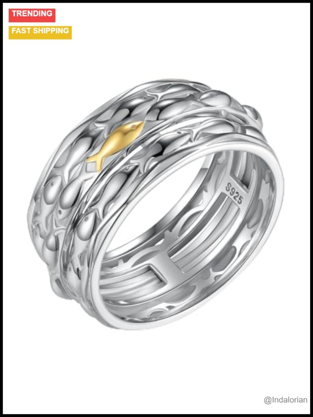 925 Sterling Silver Fish Anxiety Ring Spinner Fidget Ring Meditation